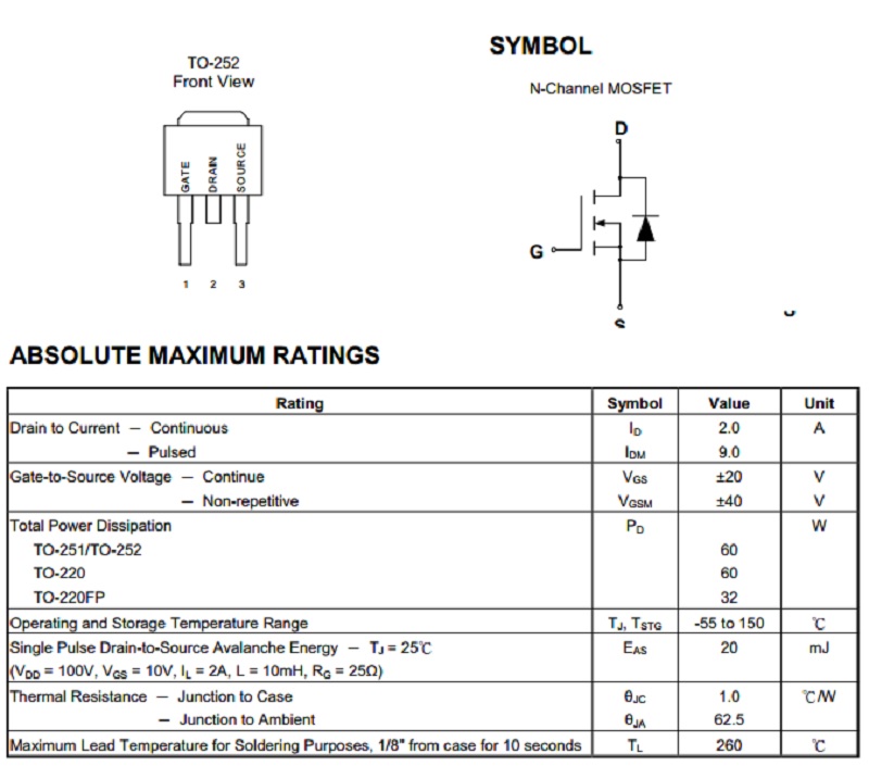 10 FQU2N60C MOSFET – 600V 2A, N-Kanal TO251, Von  Produktbild-Vorschau 5